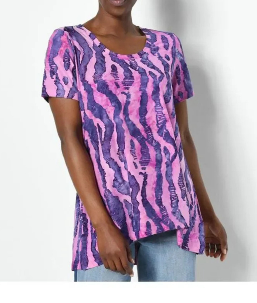 Logo Lori Goldstein Top XS Knit Jacquard Short Sleeve Hi-Lo Purple Pink